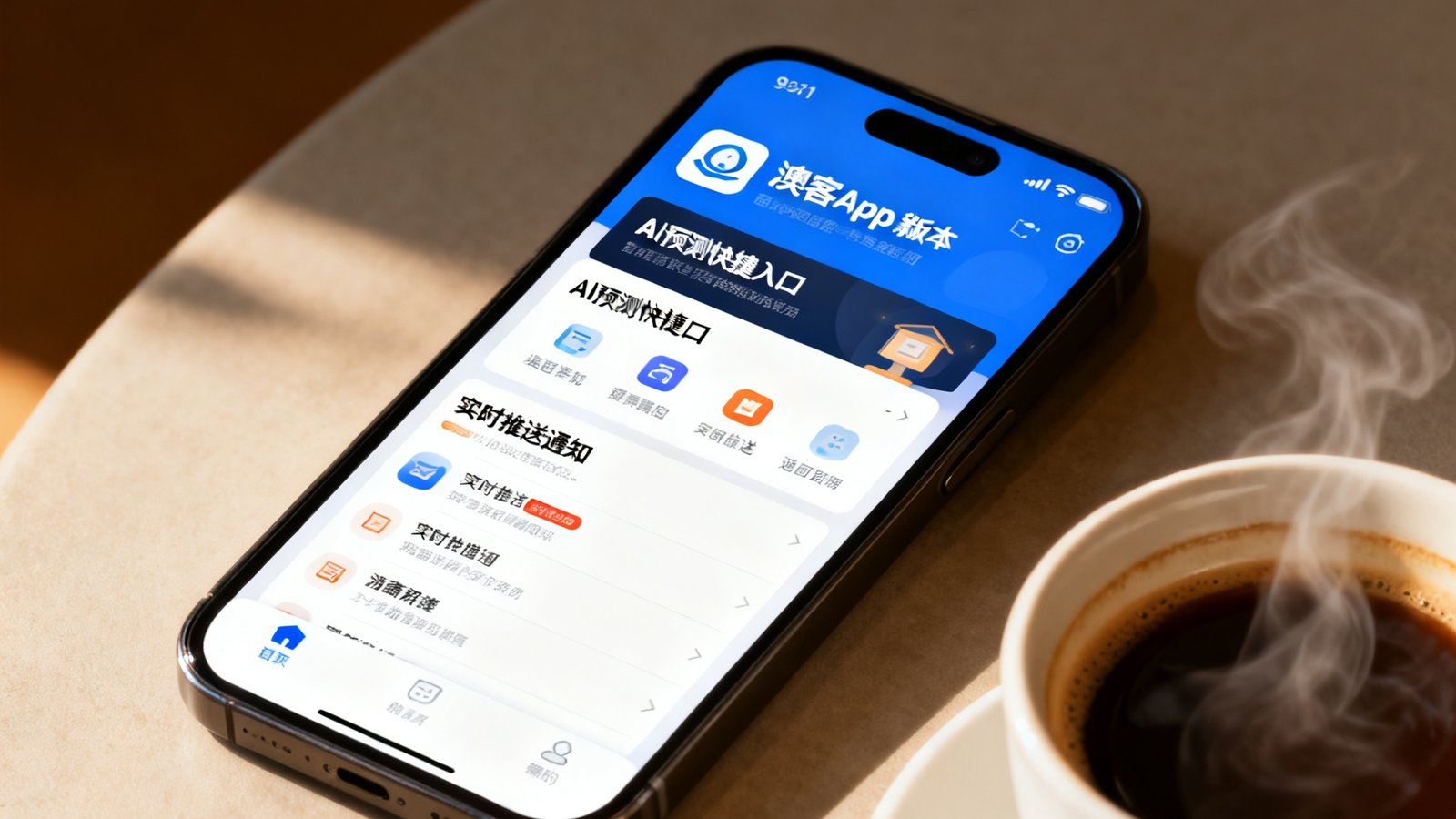 一部智能手机屏幕上展示澳客App新版本界面，突出显示AI预测快捷入口和实时推送通知功能，手机旁放着一杯咖啡，场景温馨