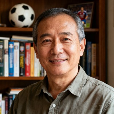 一位中年男性用户的半身照片，他穿着休闲衬衫，背景是家中书房，书架上摆满了足球相关书籍，表情专注而友善